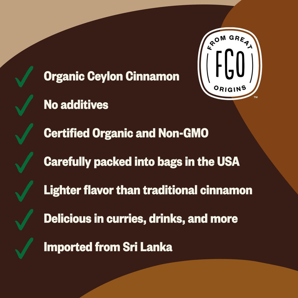 FGO Organic Ceylon Cinnamon origin Sri Lanka label emphasize authentic spice.