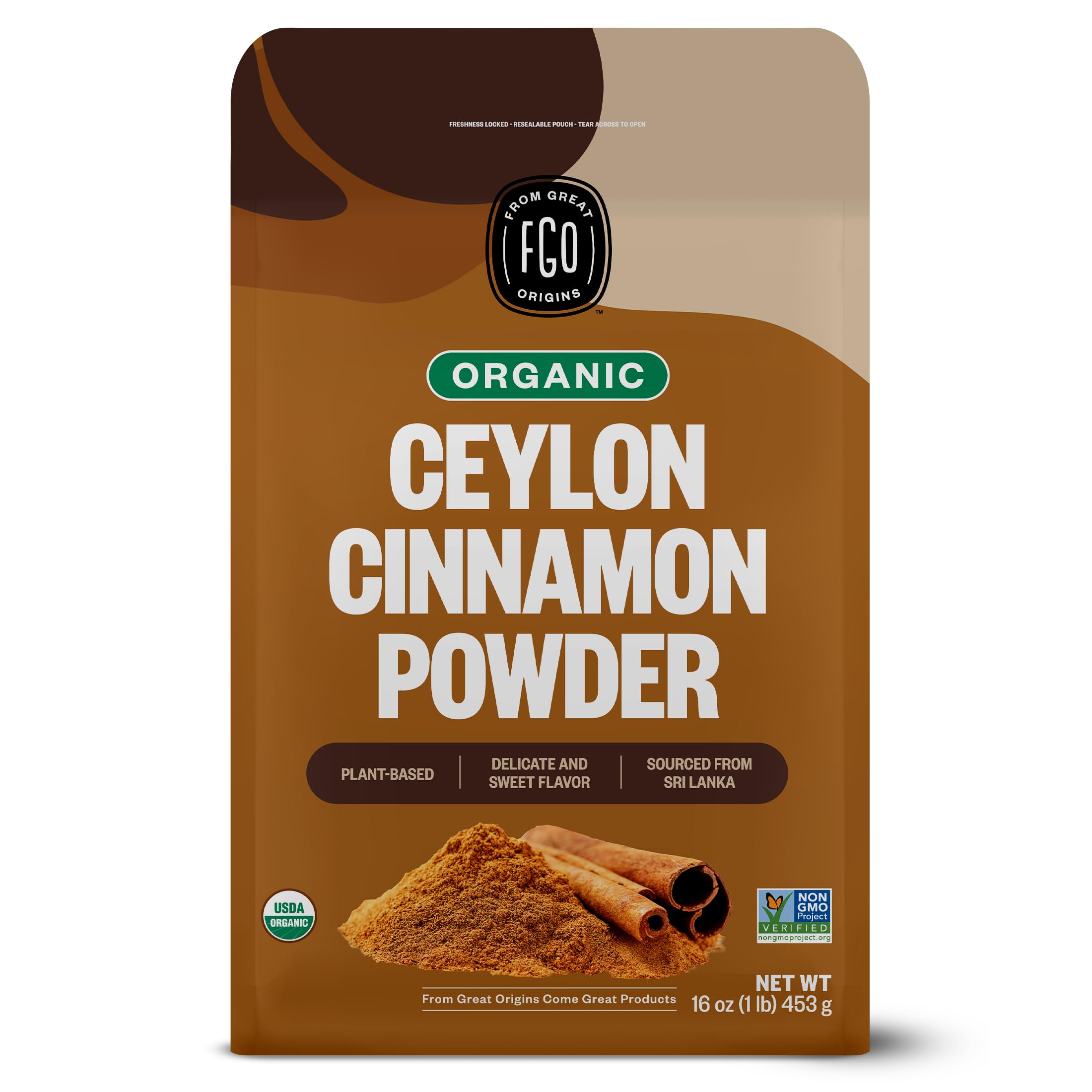 FGO Organic Ceylon Cinnamon powder in a spoon, ideal for baking and spice blends.