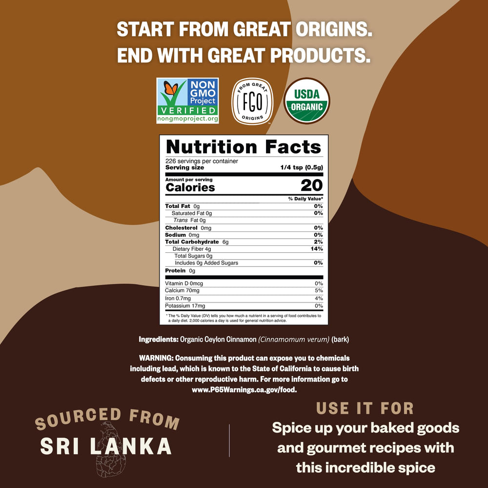 FGO Organic Ceylon Cinnamon powder jar, showcasing pure Sri Lankan spice for cooks.