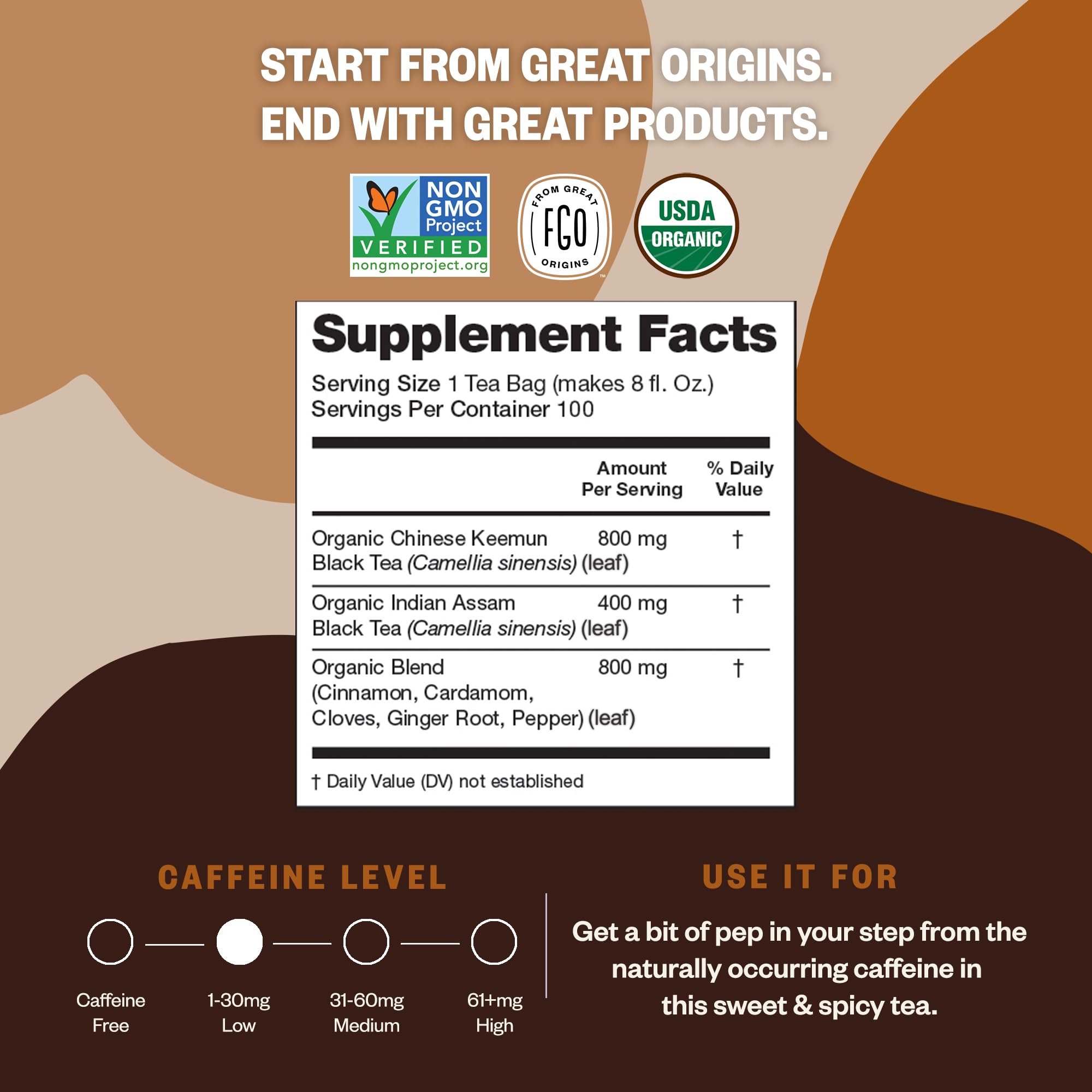FGO Organic Chai Tea bags in resealable bag for easy storage