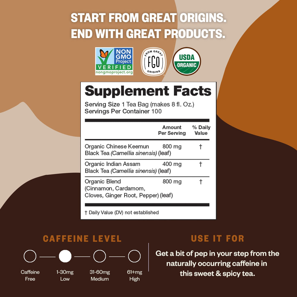 FGO Organic Chai Tea bags in resealable bag for easy storage