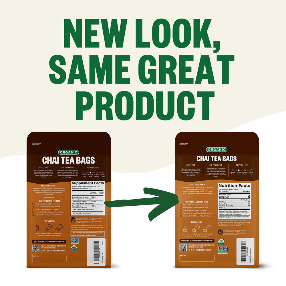 FGO Organic Chai Tea seals with USDA Organic and Non-GMO certification