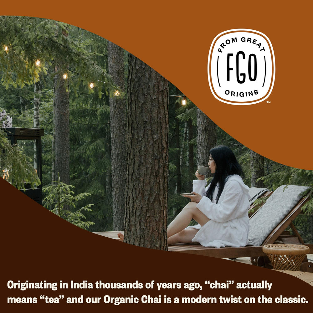 FGO organic chai tea ingredients highlight natural spices and tea leaves.