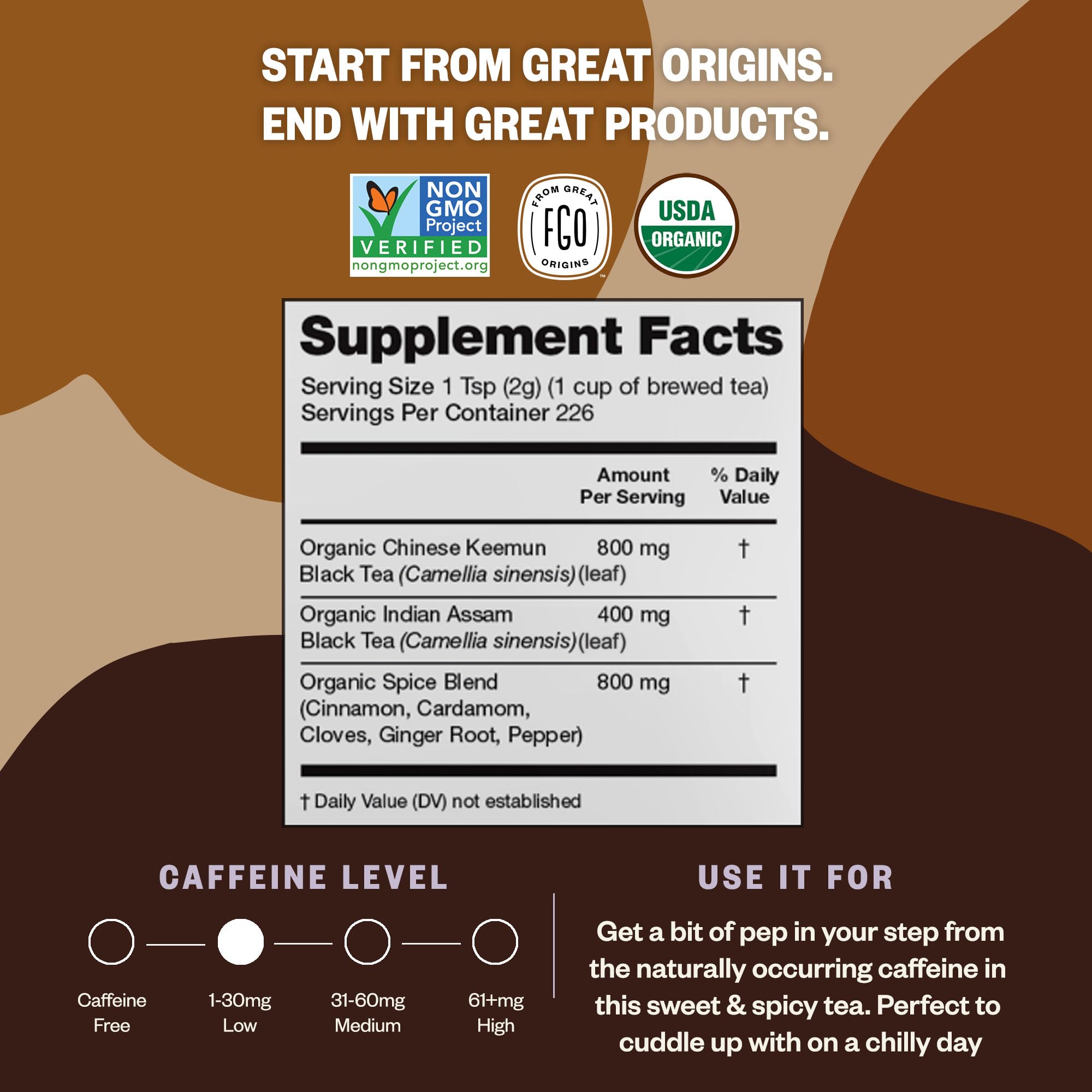 FGO Organic Chai Tea resealable bag preserves freshness between brews.