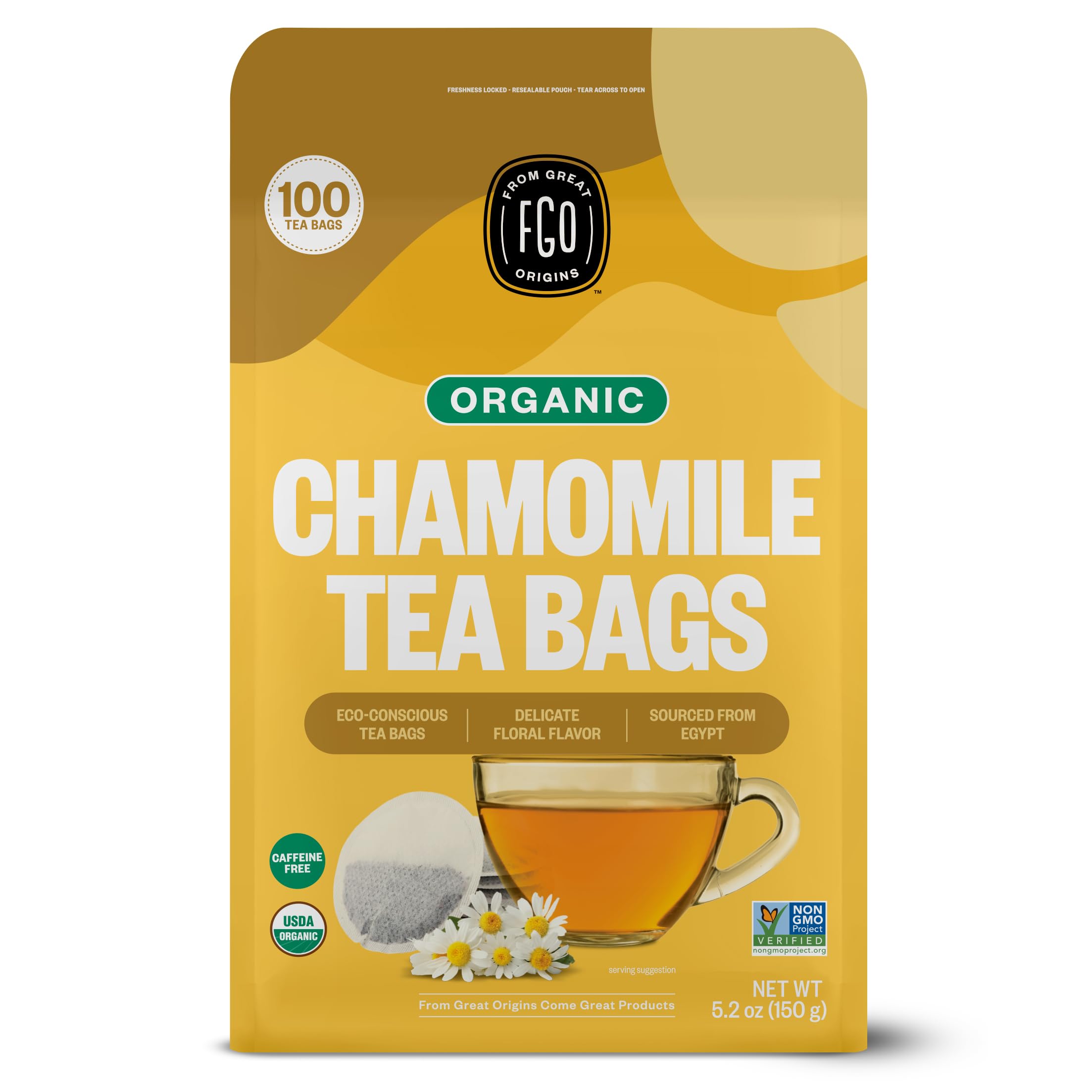 FGO organic chamomile tea bags for a caffeine-free relaxing moment.