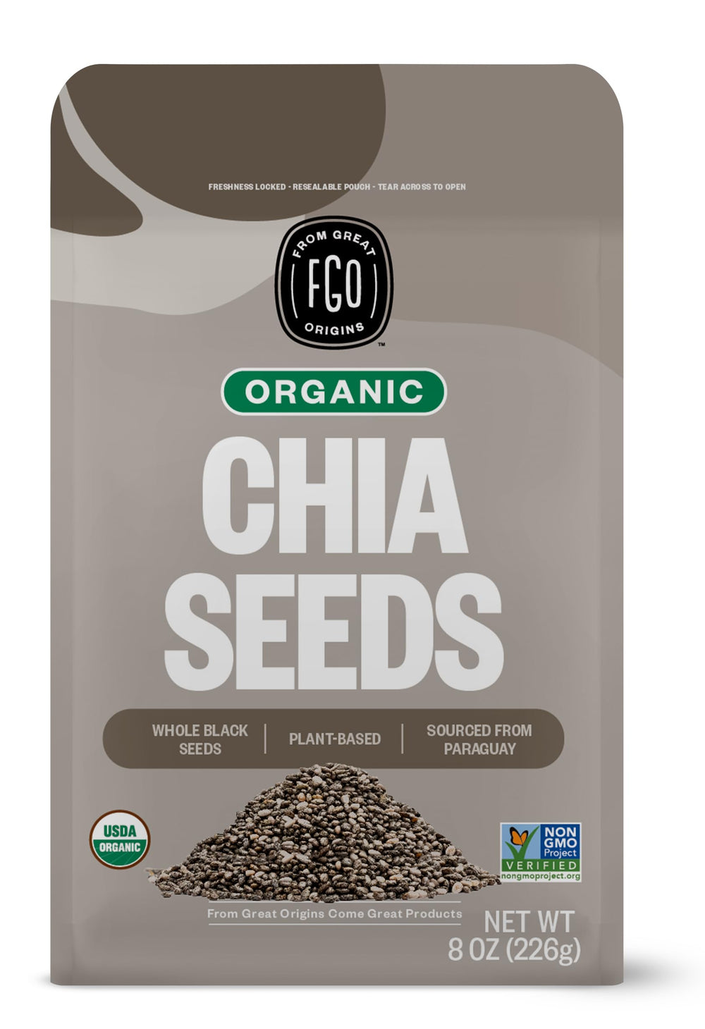 FGO Organic Chia Seeds 8oz bag, resealable for convenient, everyday use.