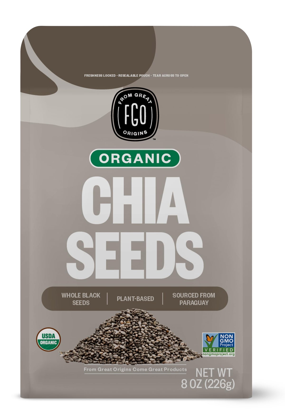 FGO Organic Chia Seeds 8oz bag, resealable for convenient, everyday use.