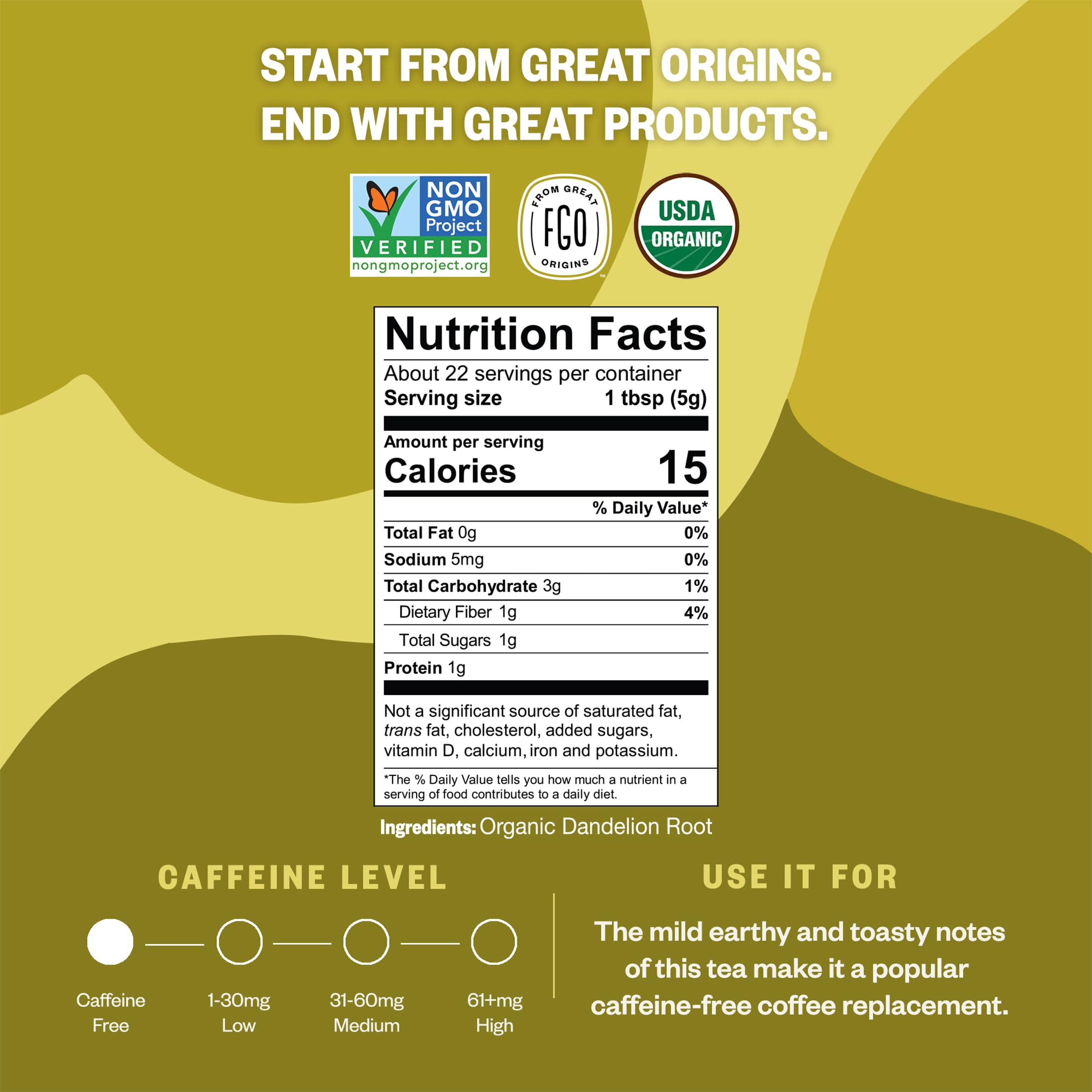 FGO Organic Dandelion Root label highlights organic quality and Bulgarian origin.