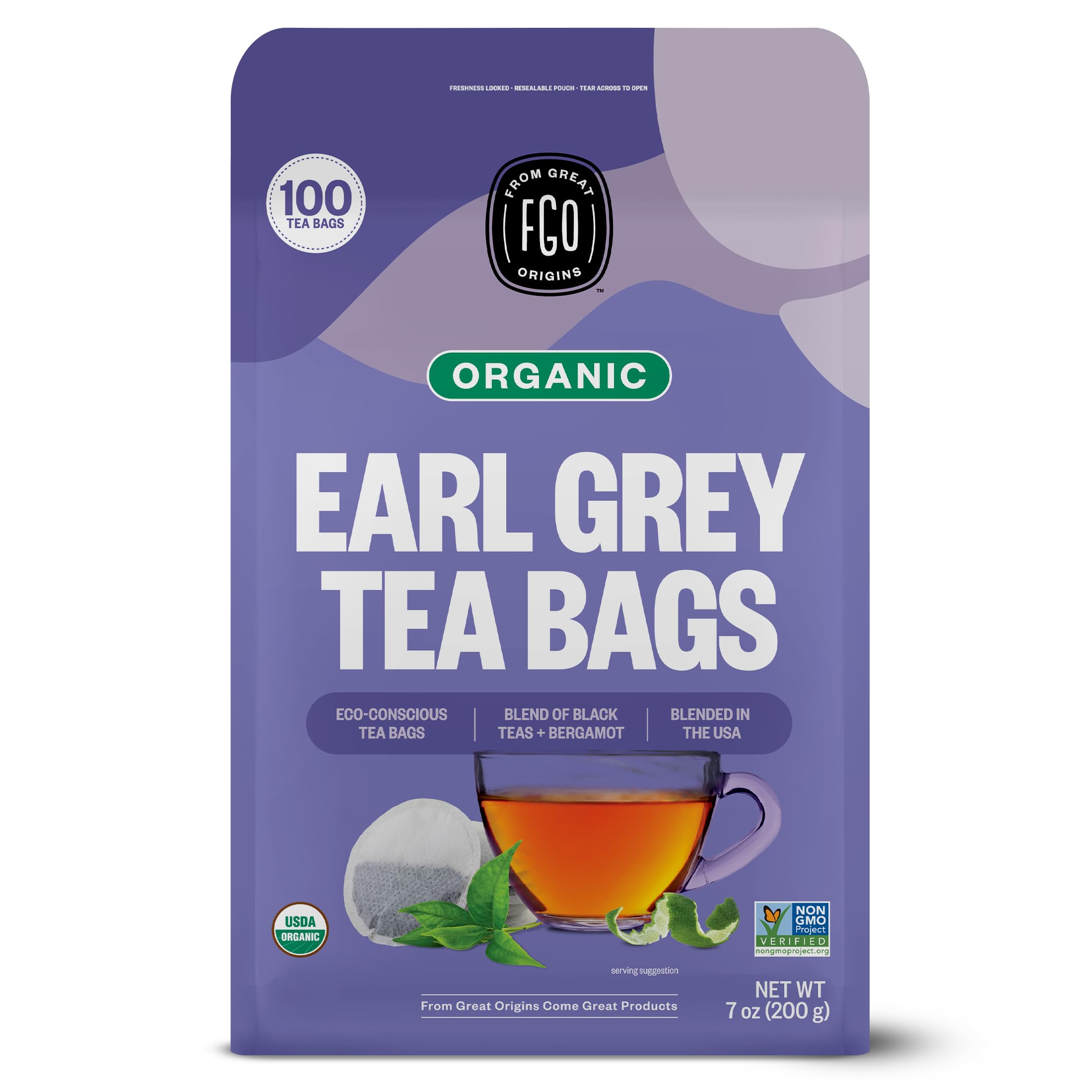 FGO Organic Earl Grey tea bags closeup with bergamot aroma