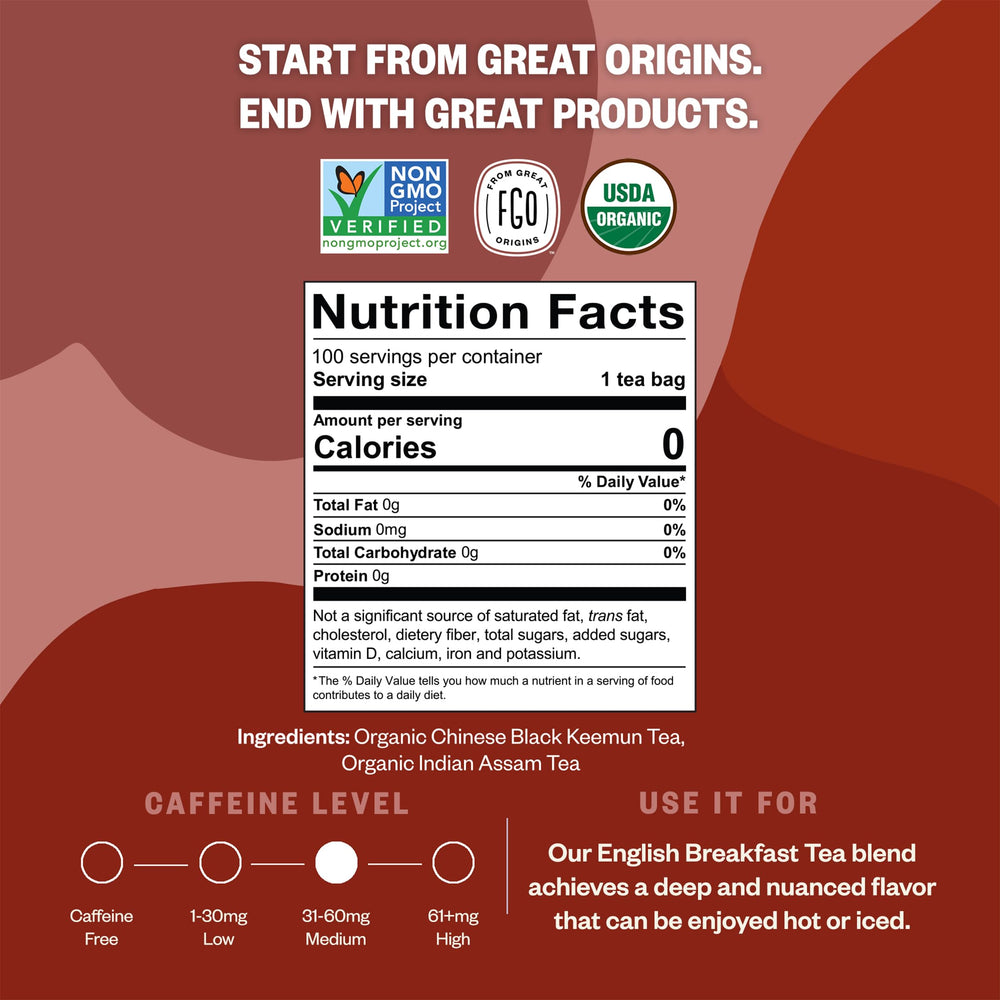 FGO Organic English Breakfast tea bag closeup highlighting eco-friendly hemp fiber