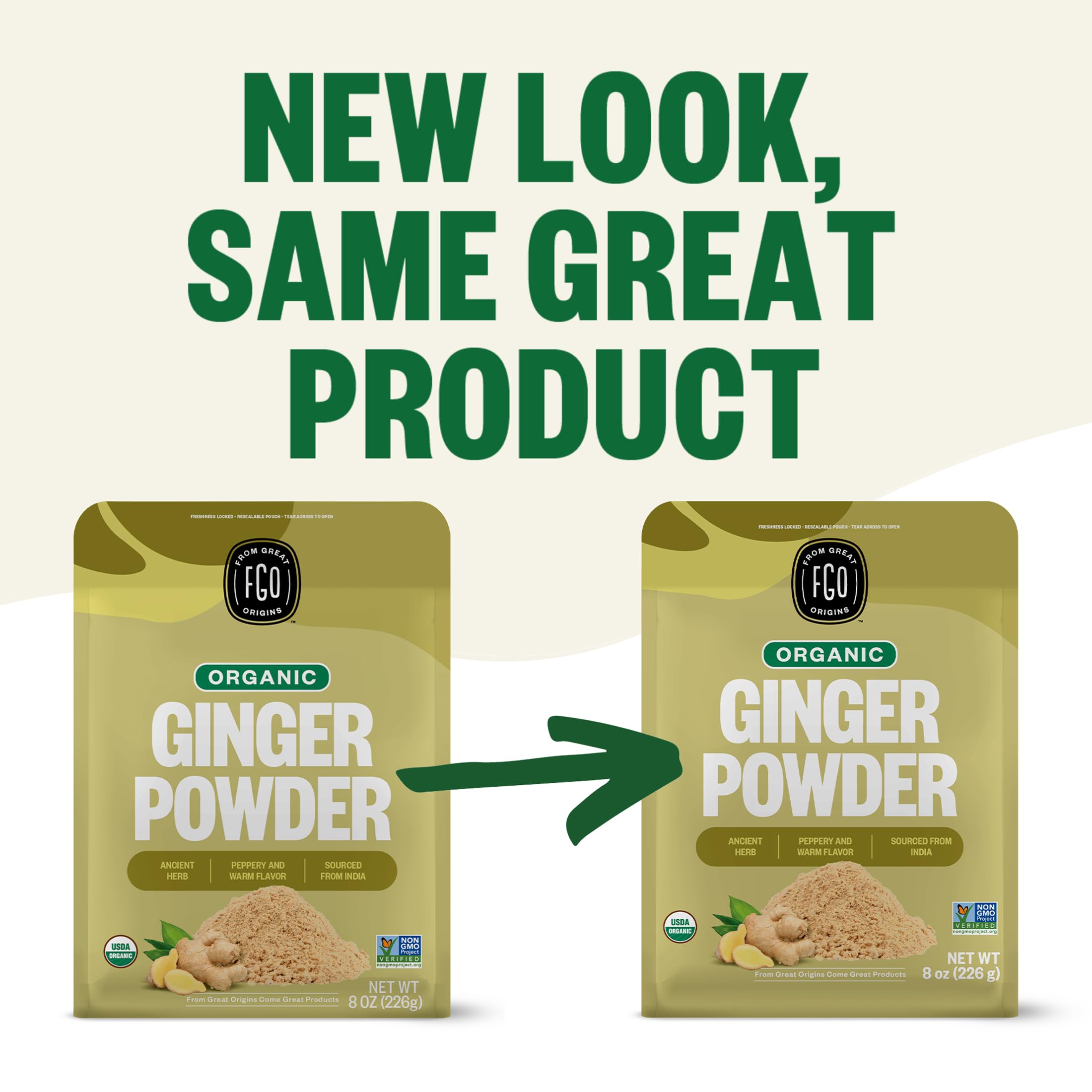 FGO Organic Ginger Powder label closeup communicates organic certification and product origin.