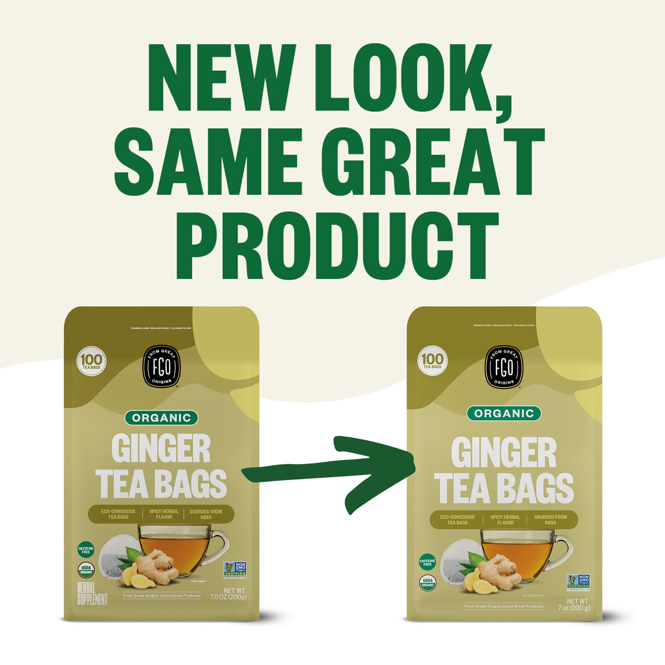 FGO Organic Ginger Tea in a 100-count box for consistent use.