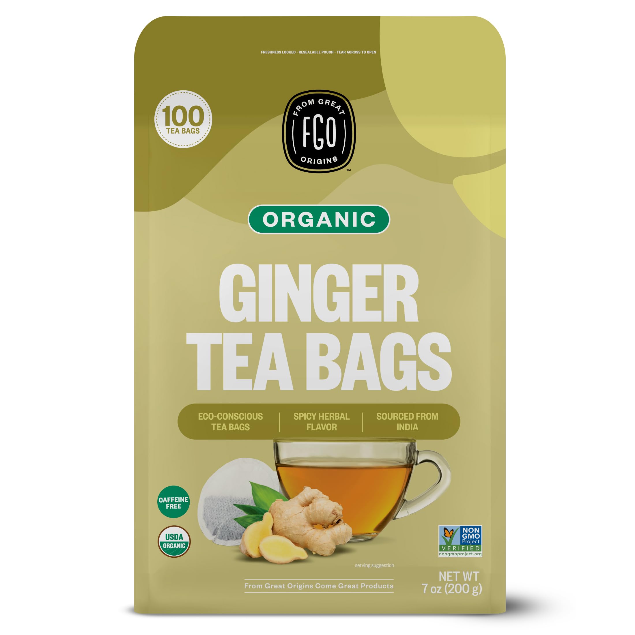 FGO Organic Ginger Tea bags in eco-friendly Abaca paper offering a caffeine-free brew.