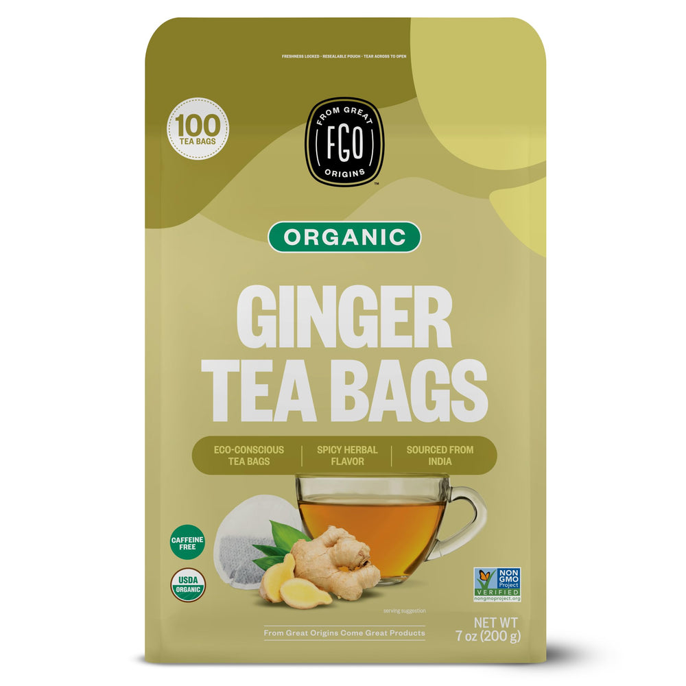 FGO Organic Ginger Tea bags in eco-friendly Abaca paper offering a caffeine-free brew.