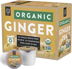 FGO Organic Ginger Tea K-Cup Pods close-up label highlighting organic, caffeine-free herbal tea