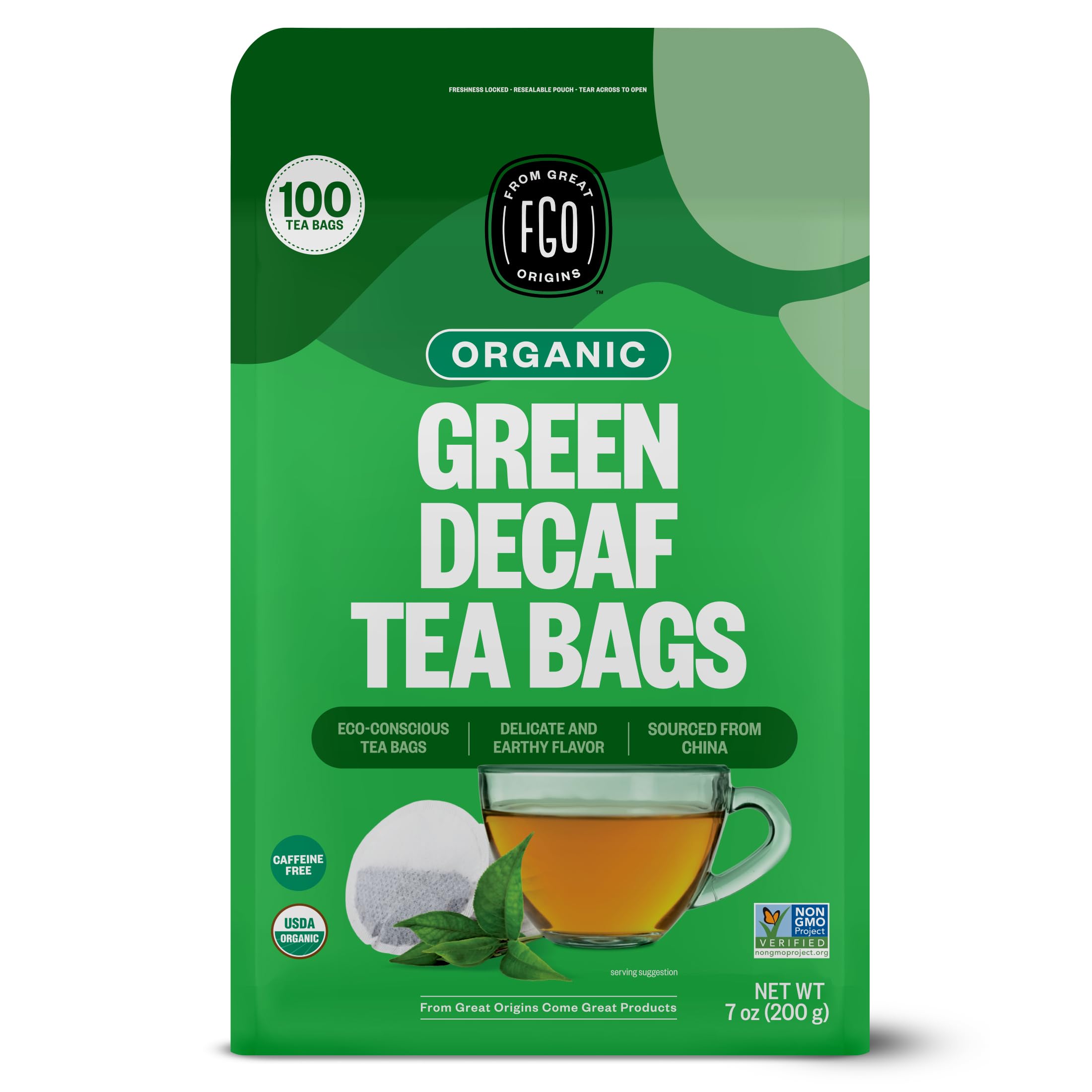 FGO Organic Green Decaf Tea bags for daily caffeine-free sipping.