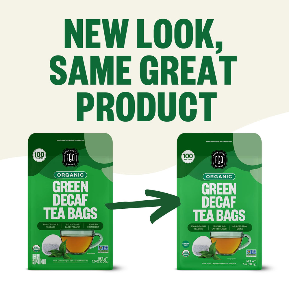 FGO Organic Green Decaf Tea resealable bag preserves freshness between uses.