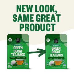 FGO Organic Green Decaf Tea resealable bag preserves freshness between uses.