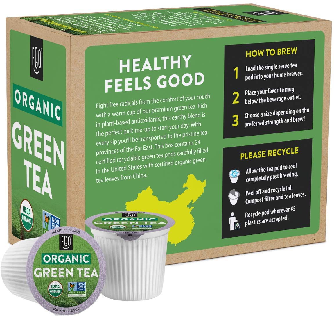 FGO Aromatic green tea brew closeup conveys delicate yet earthy flavor and natural caffeine.