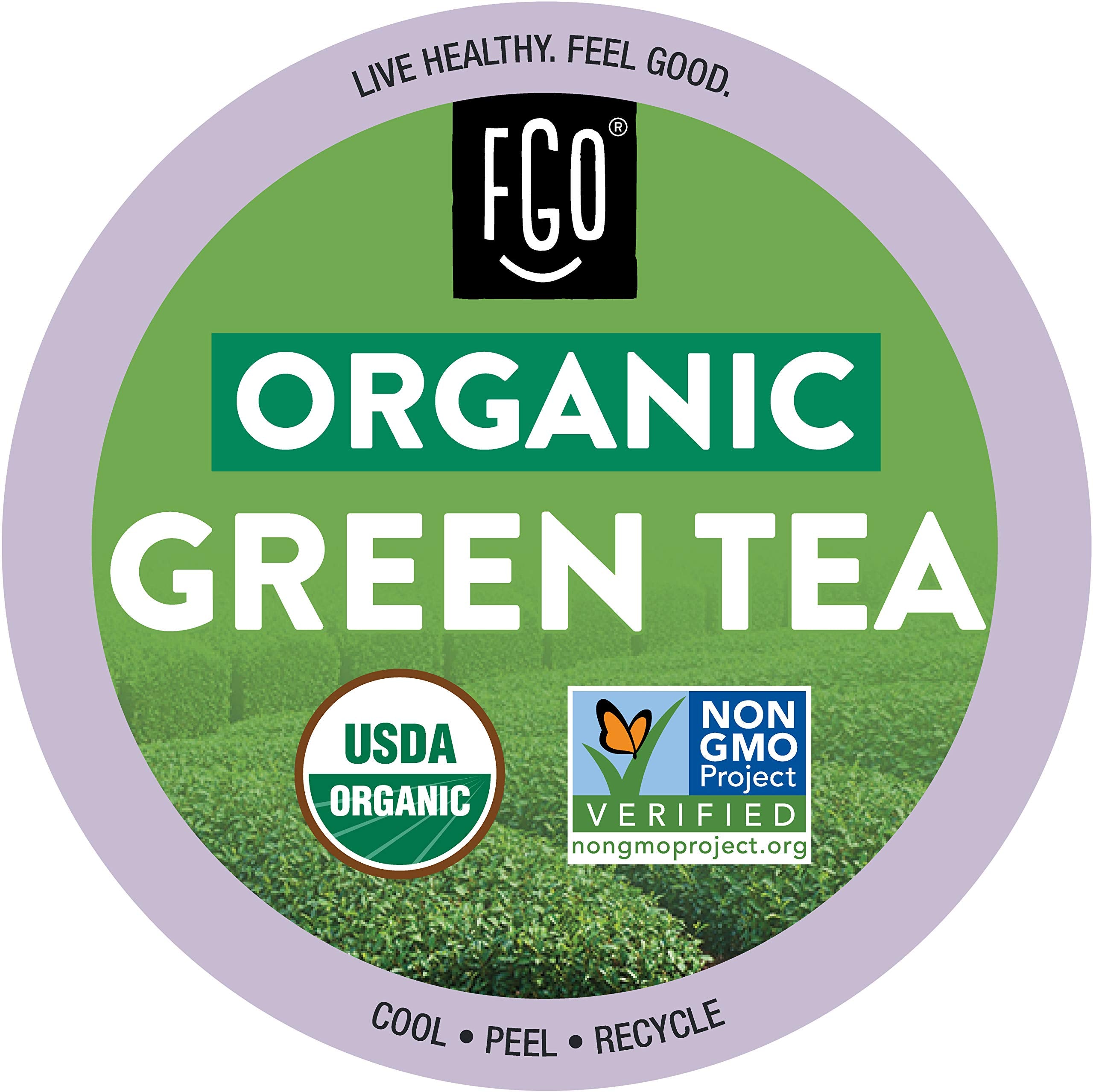 FGO Organic Green Tea K-Cup Pods front-pack view highlights recyclable packaging and premium tea.
