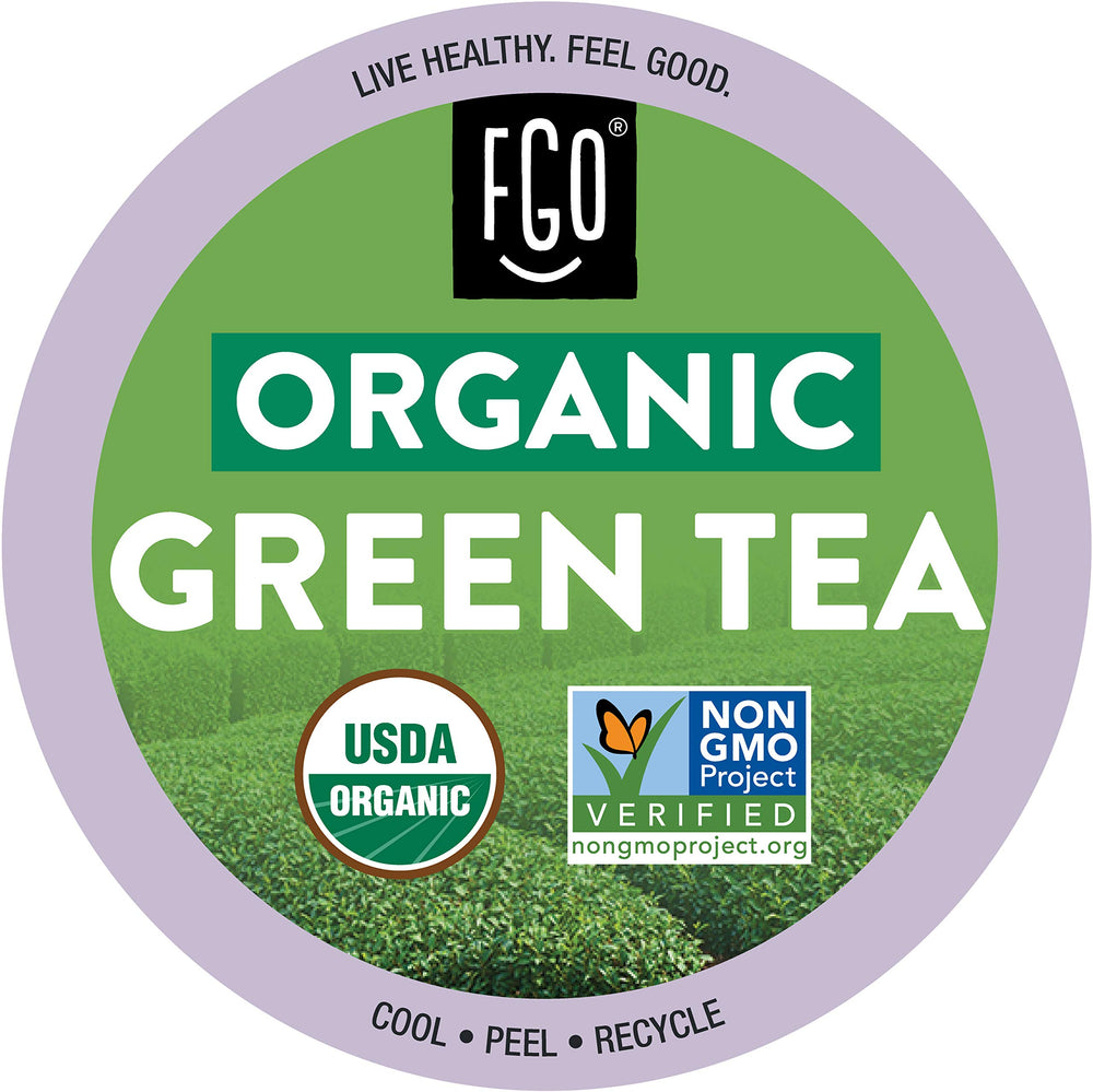 FGO Organic Green Tea K-Cup Pods front-pack view highlights recyclable packaging and premium tea.
