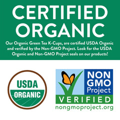 FGO Organic Green Tea K-Cup Pods recyclable symbol closeup emphasizes sustainability and convenience.
