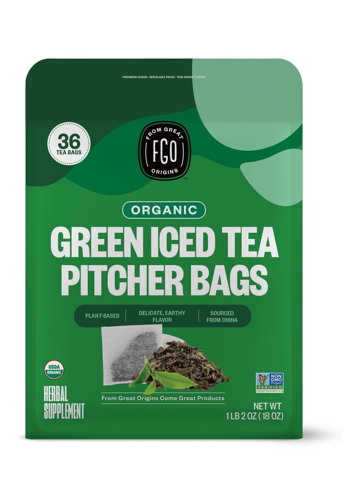 FGO Organic Green Tea bags in eco-friendly packaging for effortless pitcher-style brewing.