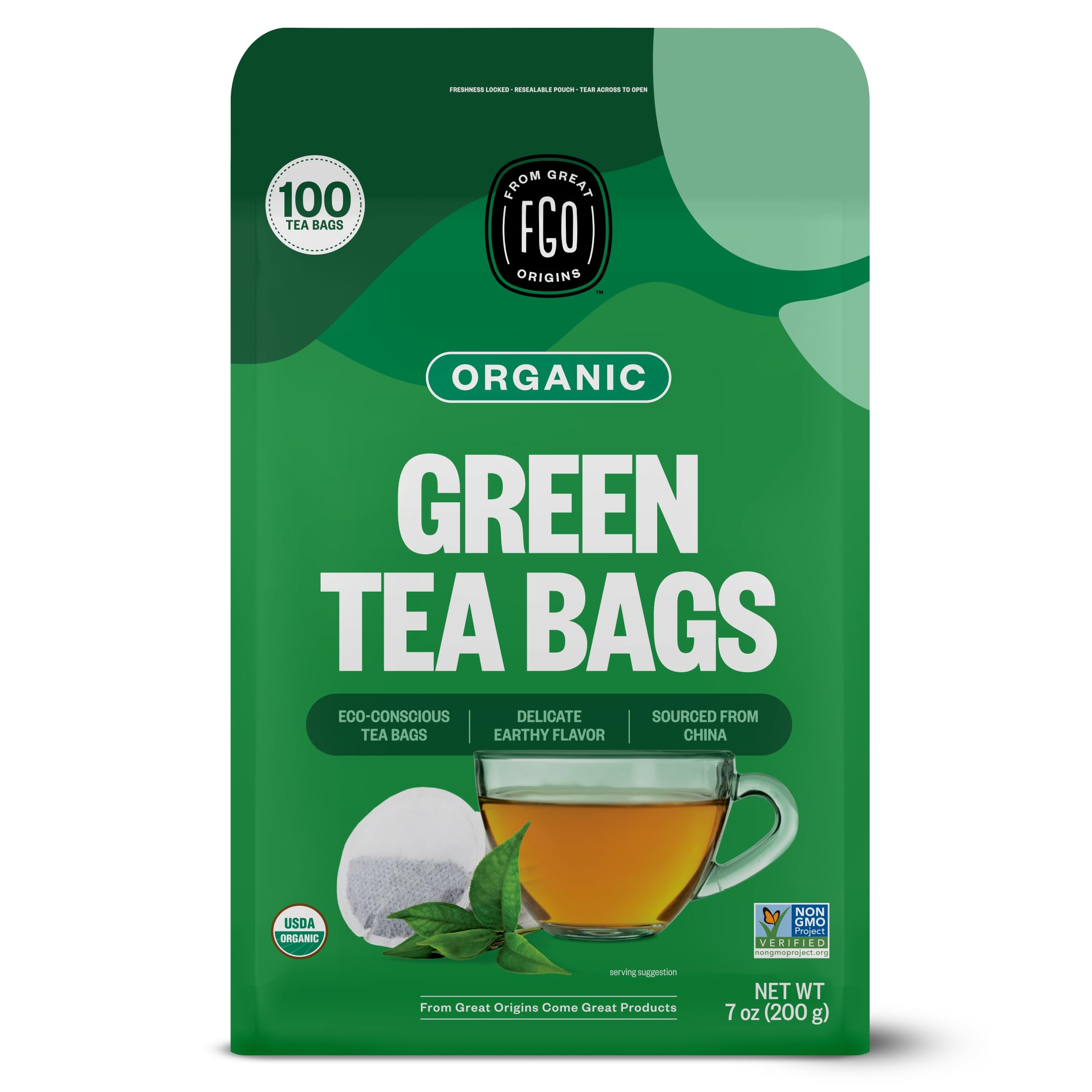 FGO Organic Green Tea pouch front shows eco-friendly packaging and design.