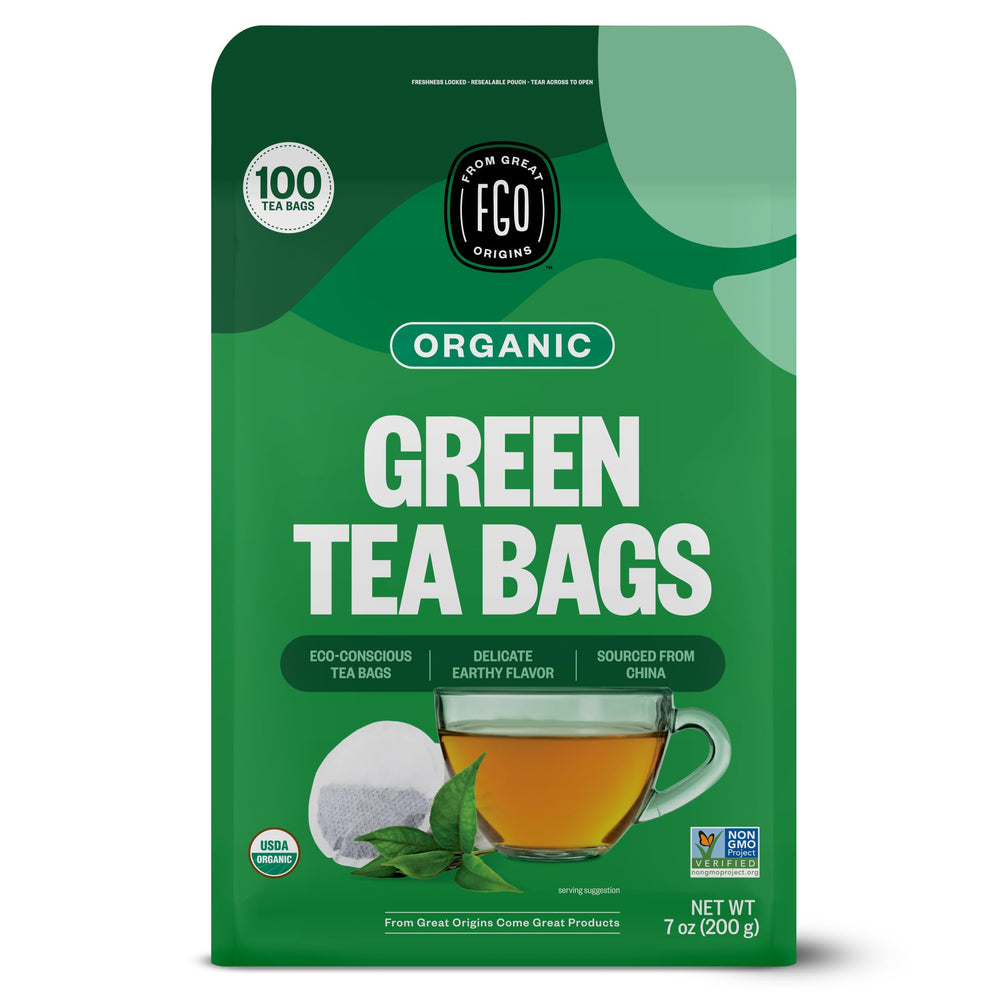 FGO Organic Green Tea pouch front shows eco-friendly packaging and design.