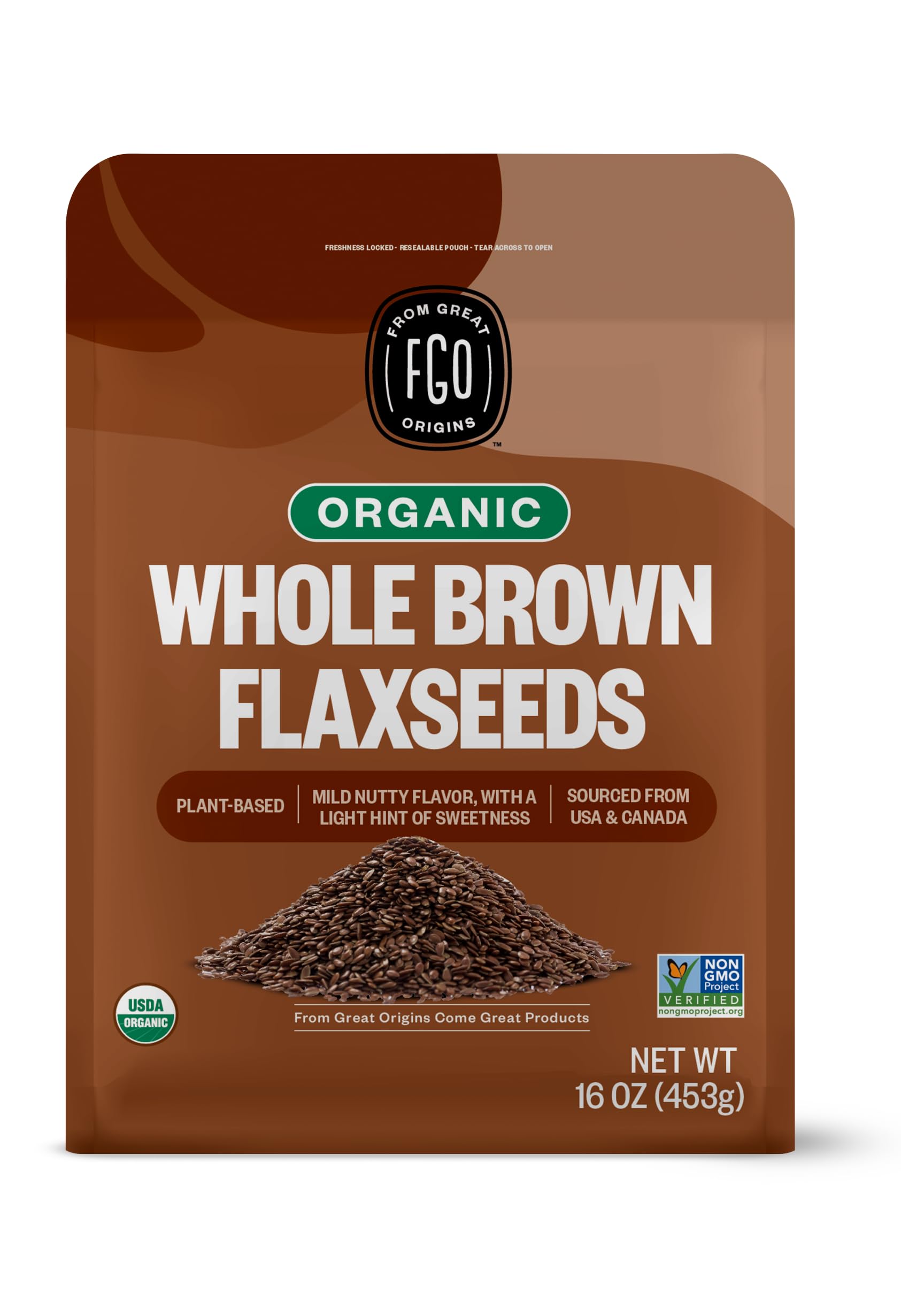 FGO Organic Ground Brown Flaxseed Meal in resealable pouch for fresh storage.