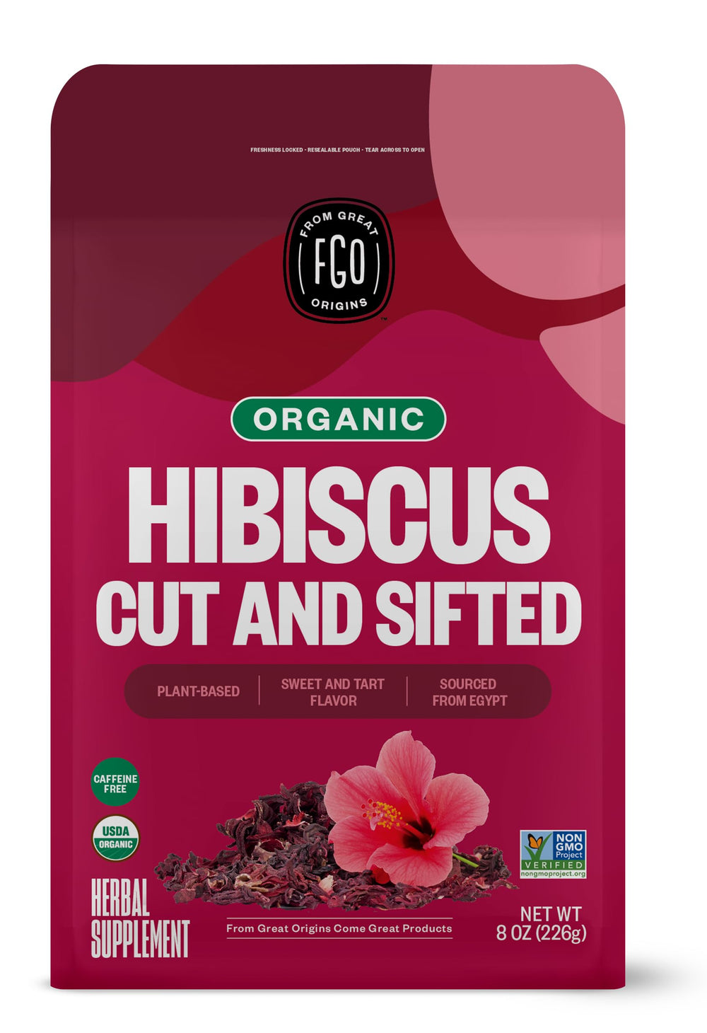 FGO Organic hibiscus flowers cut and sifted in a resealable bag for tea