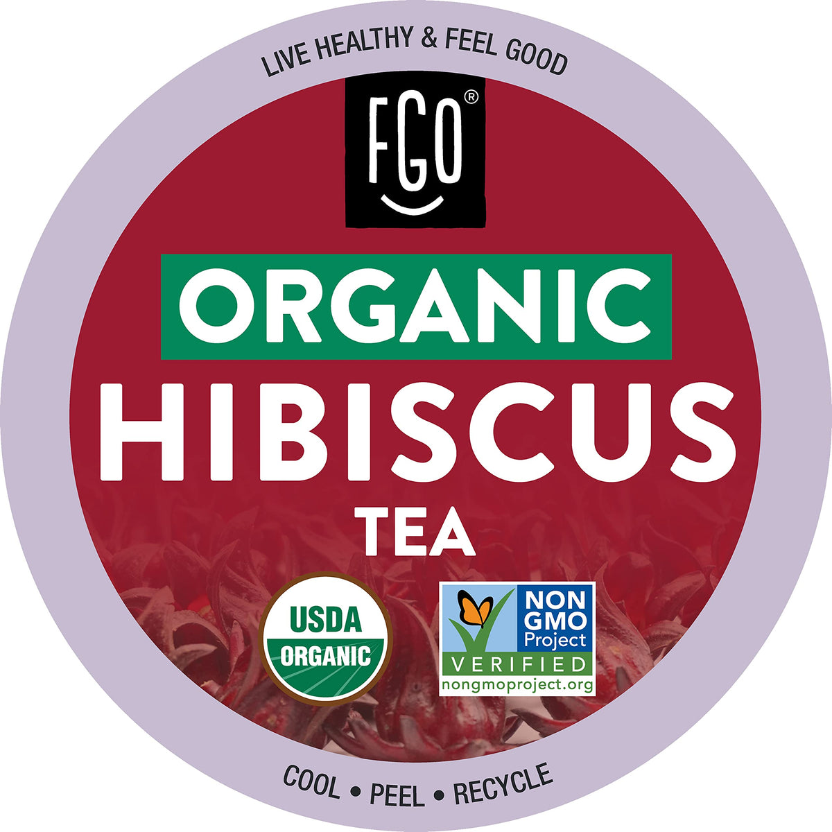 FGO Organic Hibiscus K-Cup pods for caffeine-free, flavorful cup.