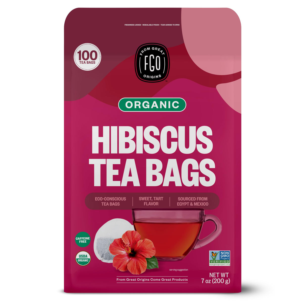 FGO organic hibiscus tea bag resting in kraft packaging for caffeine-free refreshment