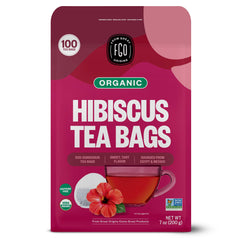 FGO organic hibiscus tea bag resting in kraft packaging for caffeine-free refreshment