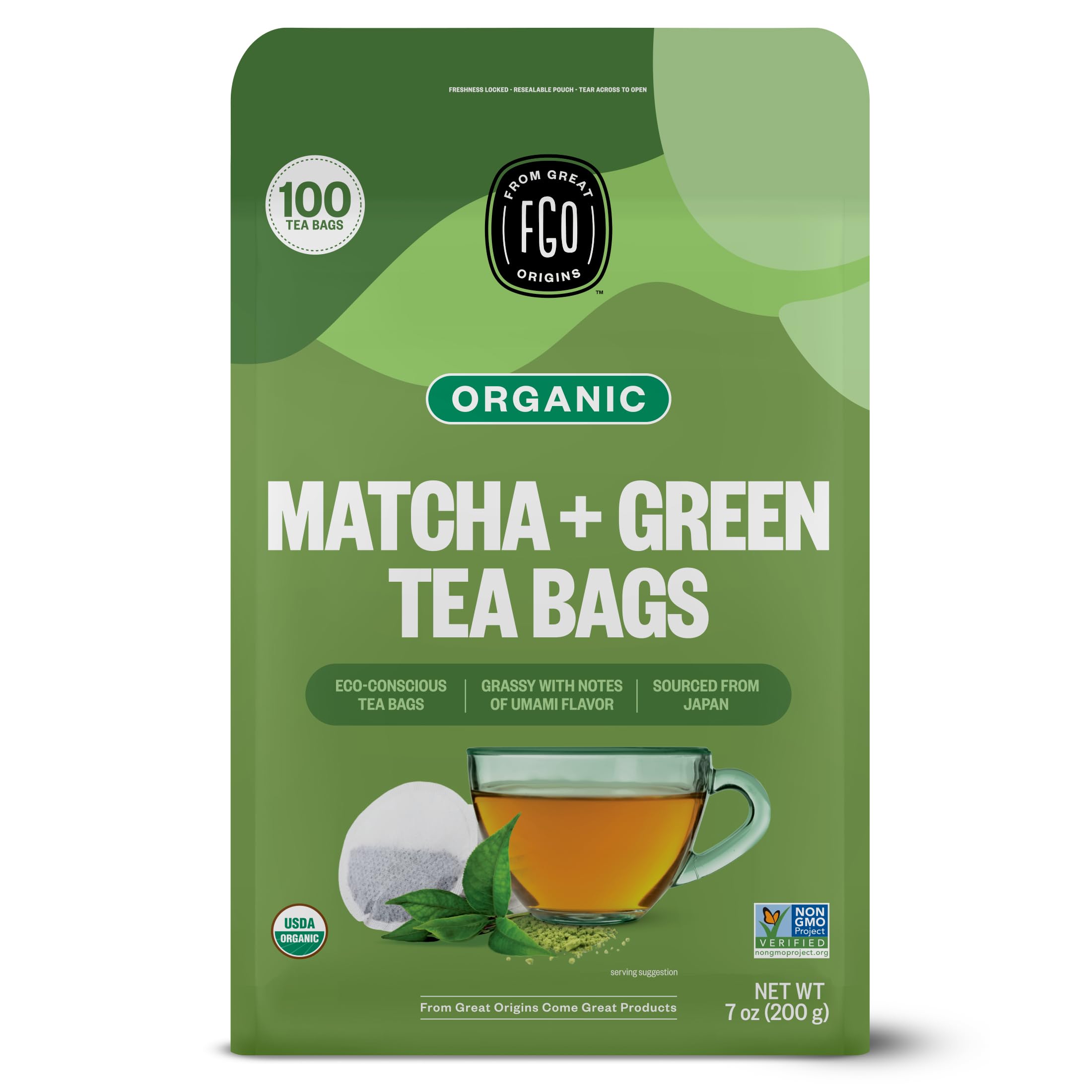 FGO Organic Japanese Matcha tea bags ready for quick, convenient brewing.