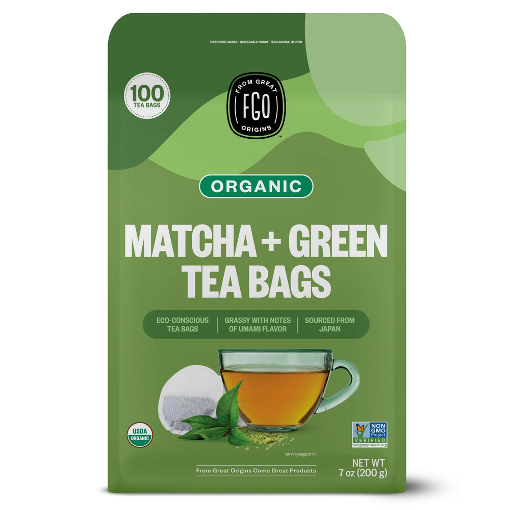 FGO Organic Japanese Matcha tea bags ready for quick, convenient brewing.