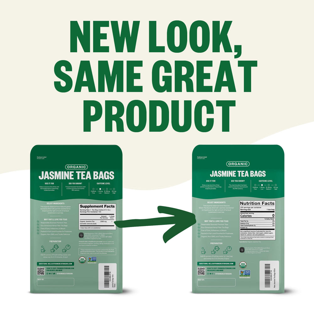FGO Organic Jasmine Green Tea packaging with California-filled production
