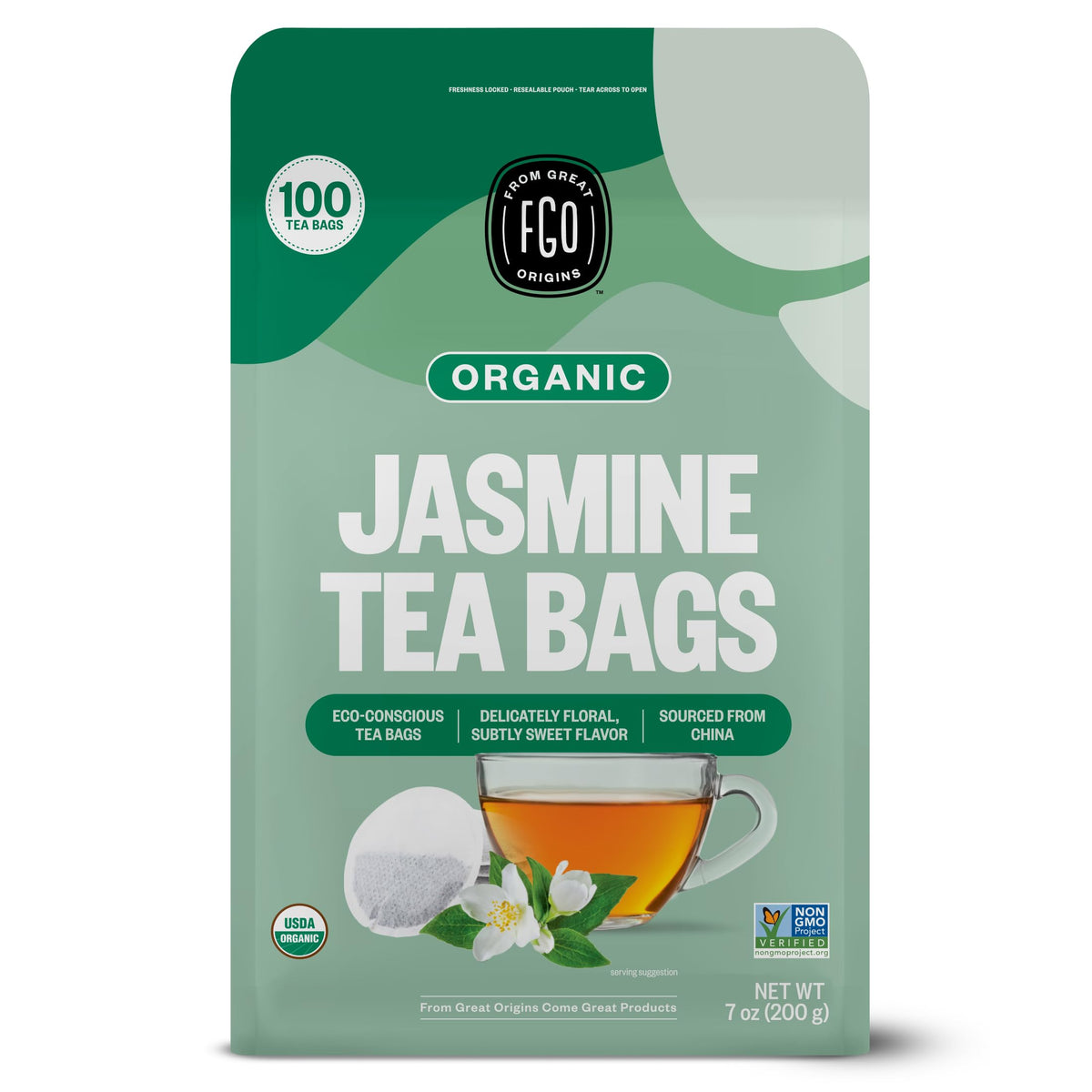 FGO Organic Jasmine Green Tea tea bag close-up with aromatic jasmine notes for a soothing cup