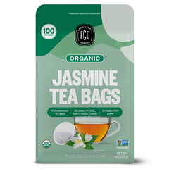 FGO Organic Jasmine Green Tea tea bag close-up with aromatic jasmine notes for a soothing cup