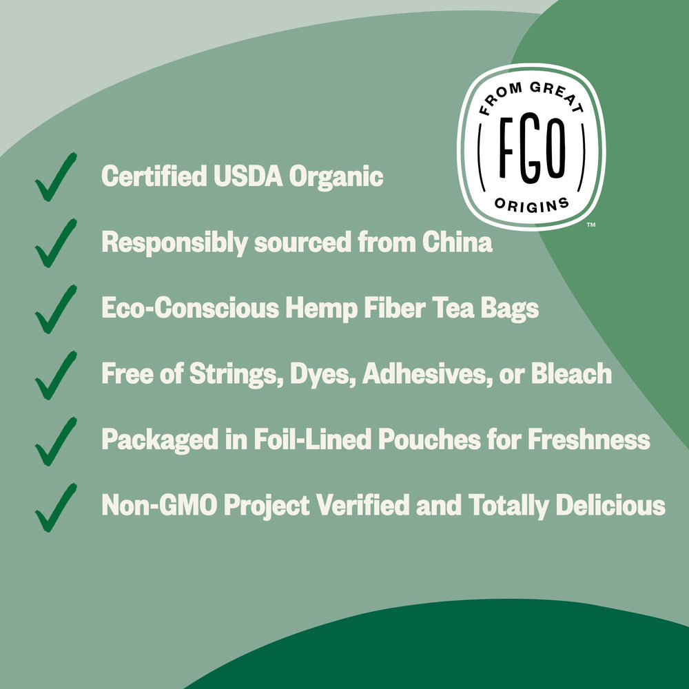 FGO Organic Jasmine Green Tea proudly bears USDA Organic and Non-GMO seals