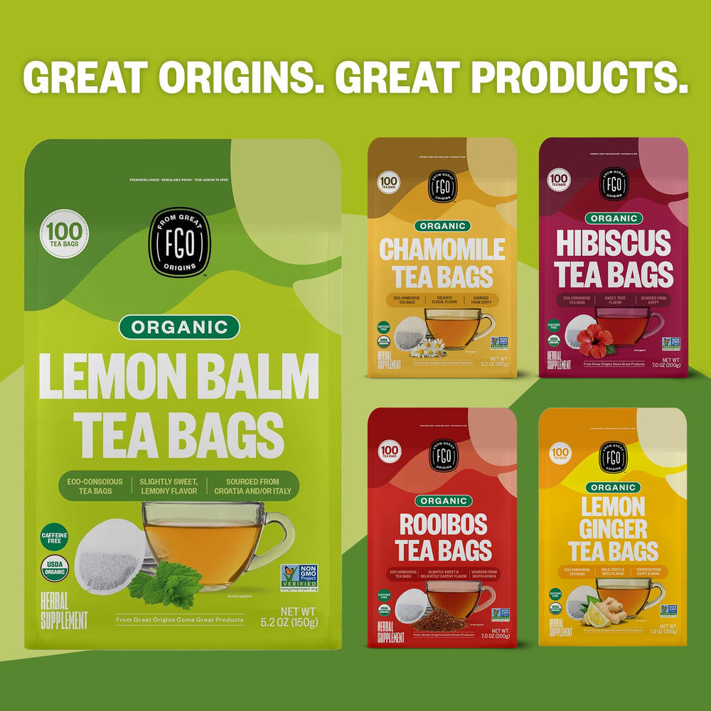 FGO Organic Lemon Balm Tea comes in a 100-count practical box.
