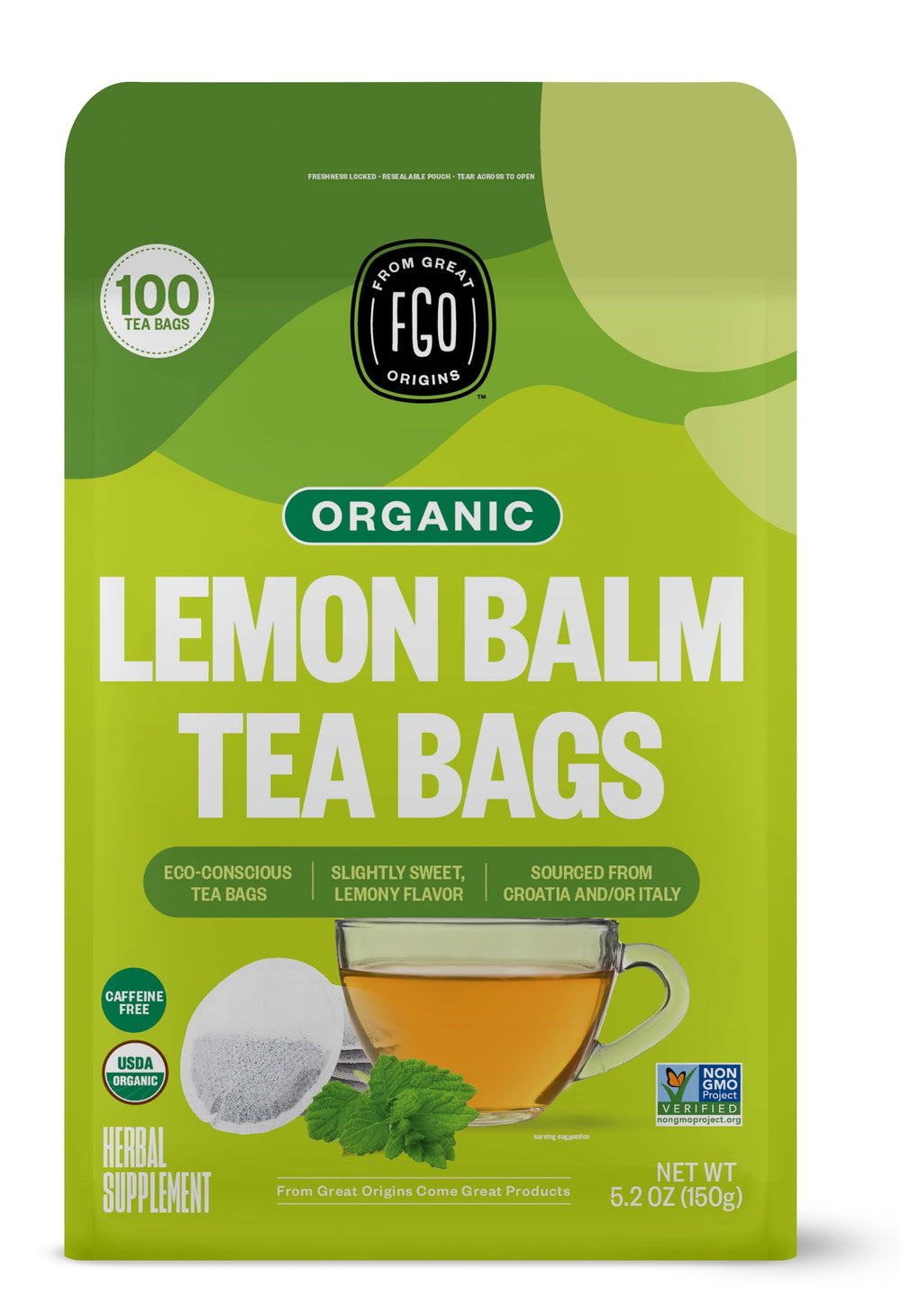 FGO Organic Lemon Balm Tea teabags ready for a calming cup.