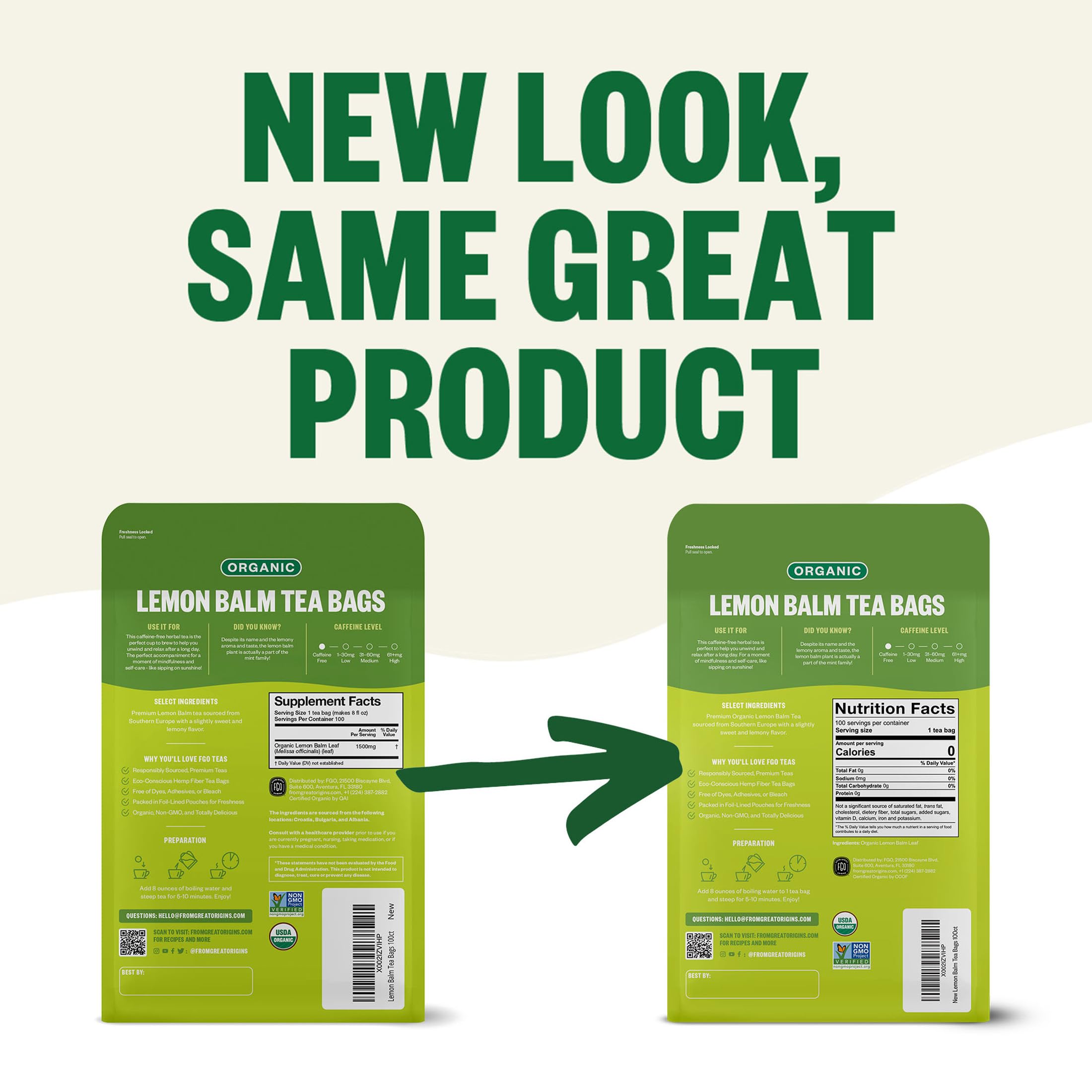 FGO Organic Lemon Balm Tea bears USDA Organic and Non-GMO seals.