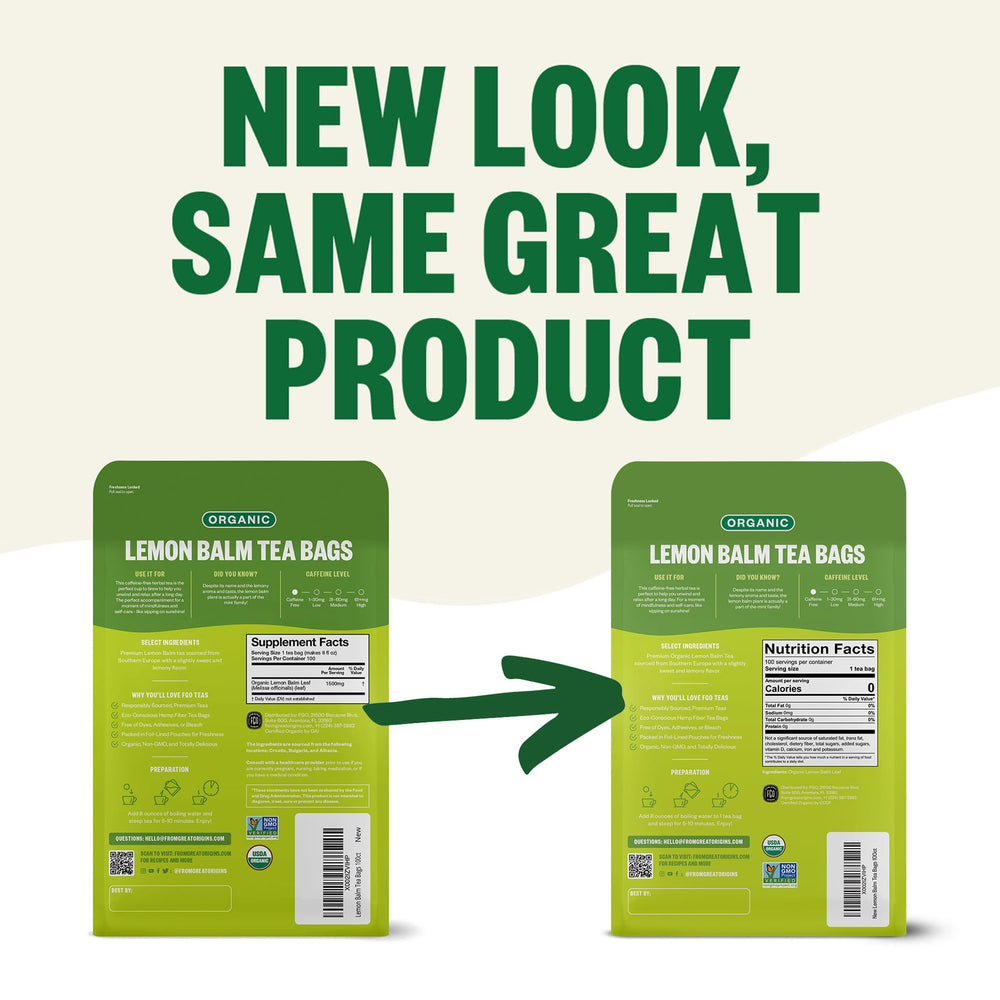 FGO Organic Lemon Balm Tea bears USDA Organic and Non-GMO seals.
