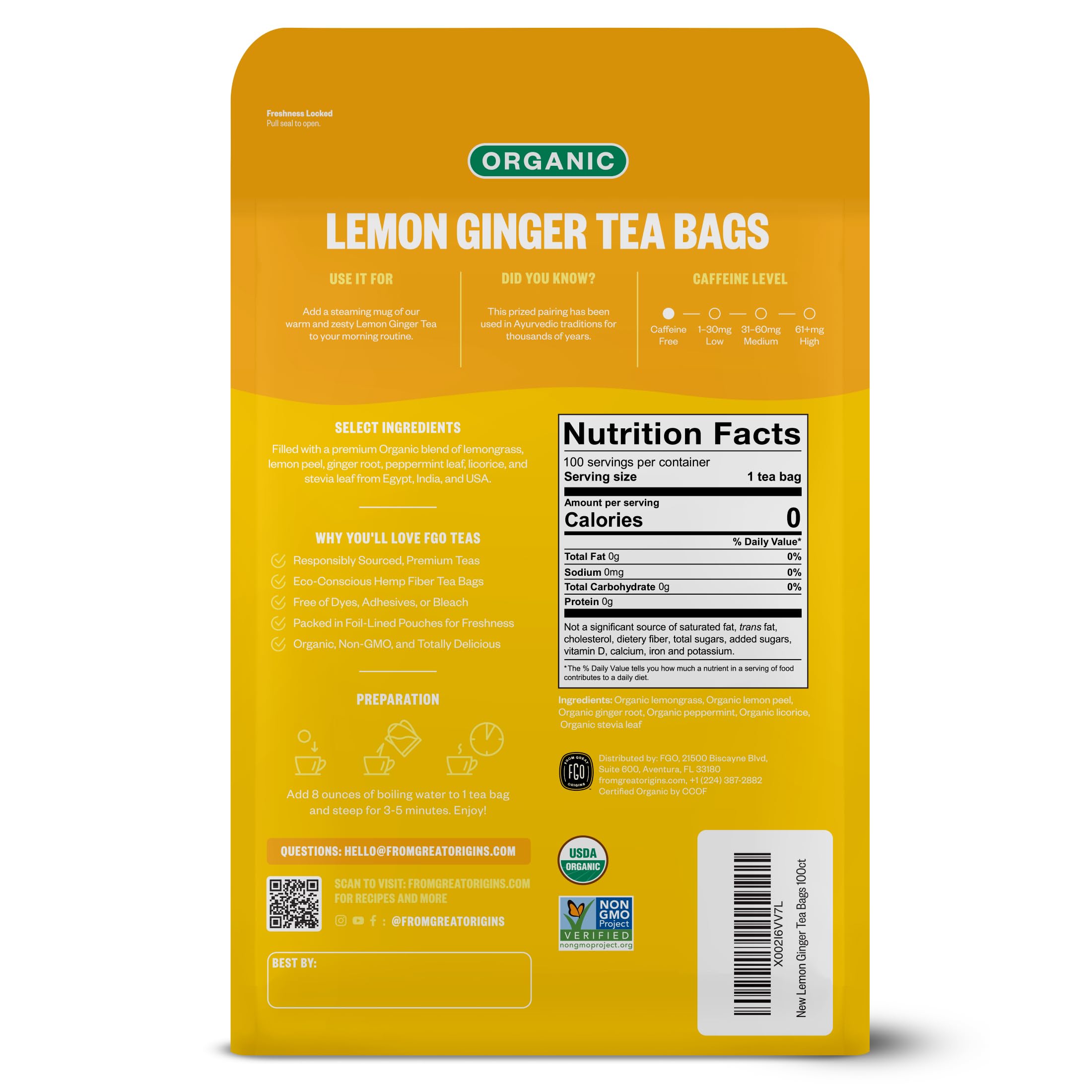 FGO Organic Lemon Ginger Tea packaging highlights eco-conscious design and convenient lines.