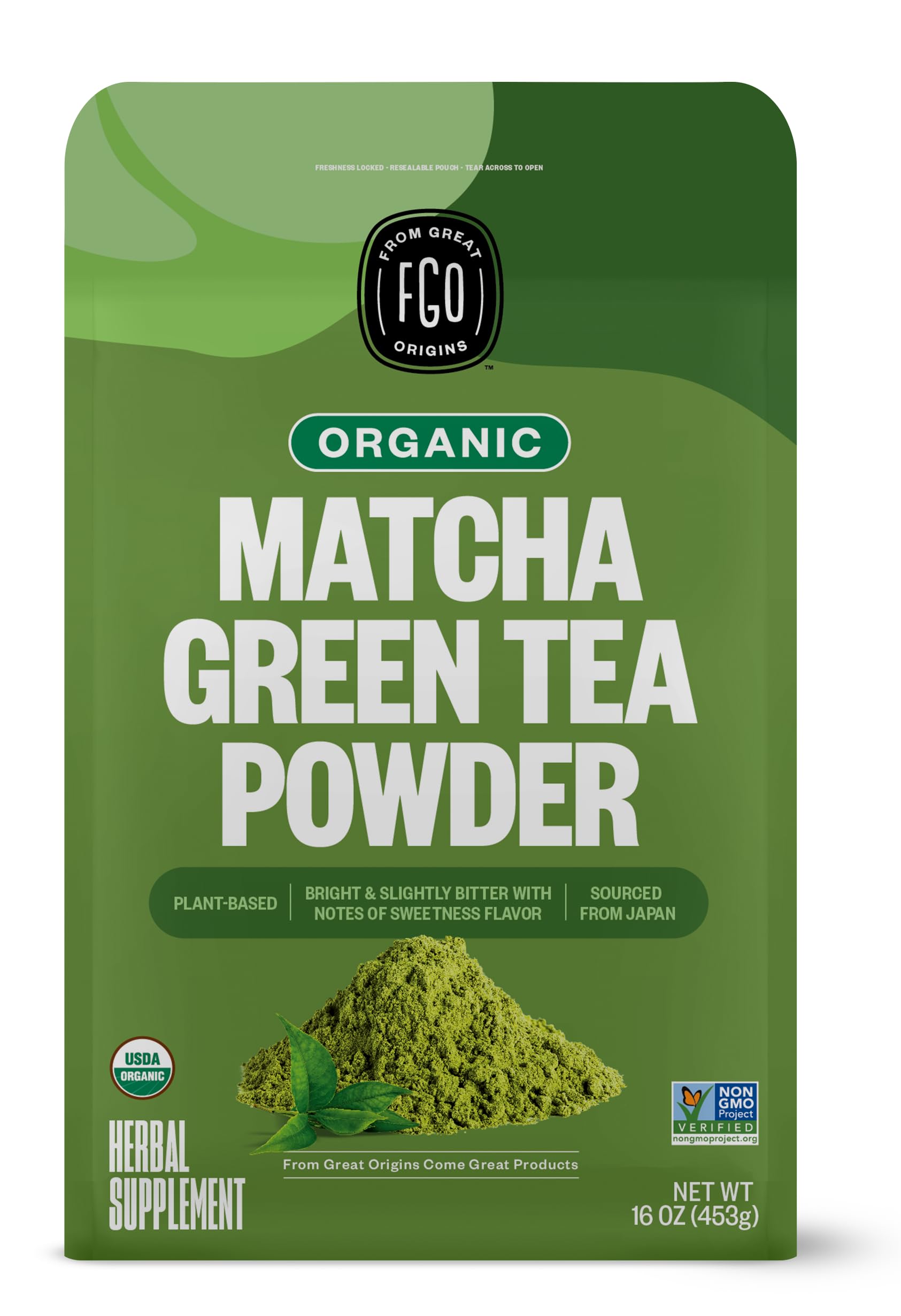 FGO Organic Matcha powder front of resealable bag for freshness.