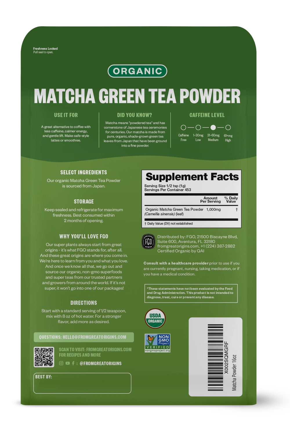 FGO Organic Matcha powder in a spoon showing vibrant green color.