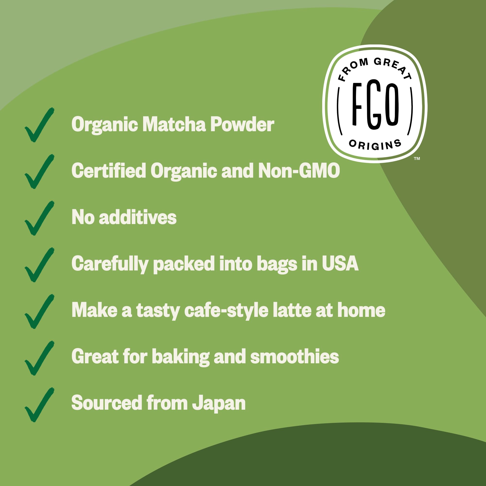 FGO Organic Matcha label highlights USDA Organic and Non-GMO.