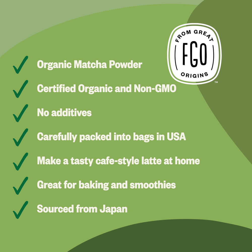 FGO Organic Matcha label highlights USDA Organic and Non-GMO.