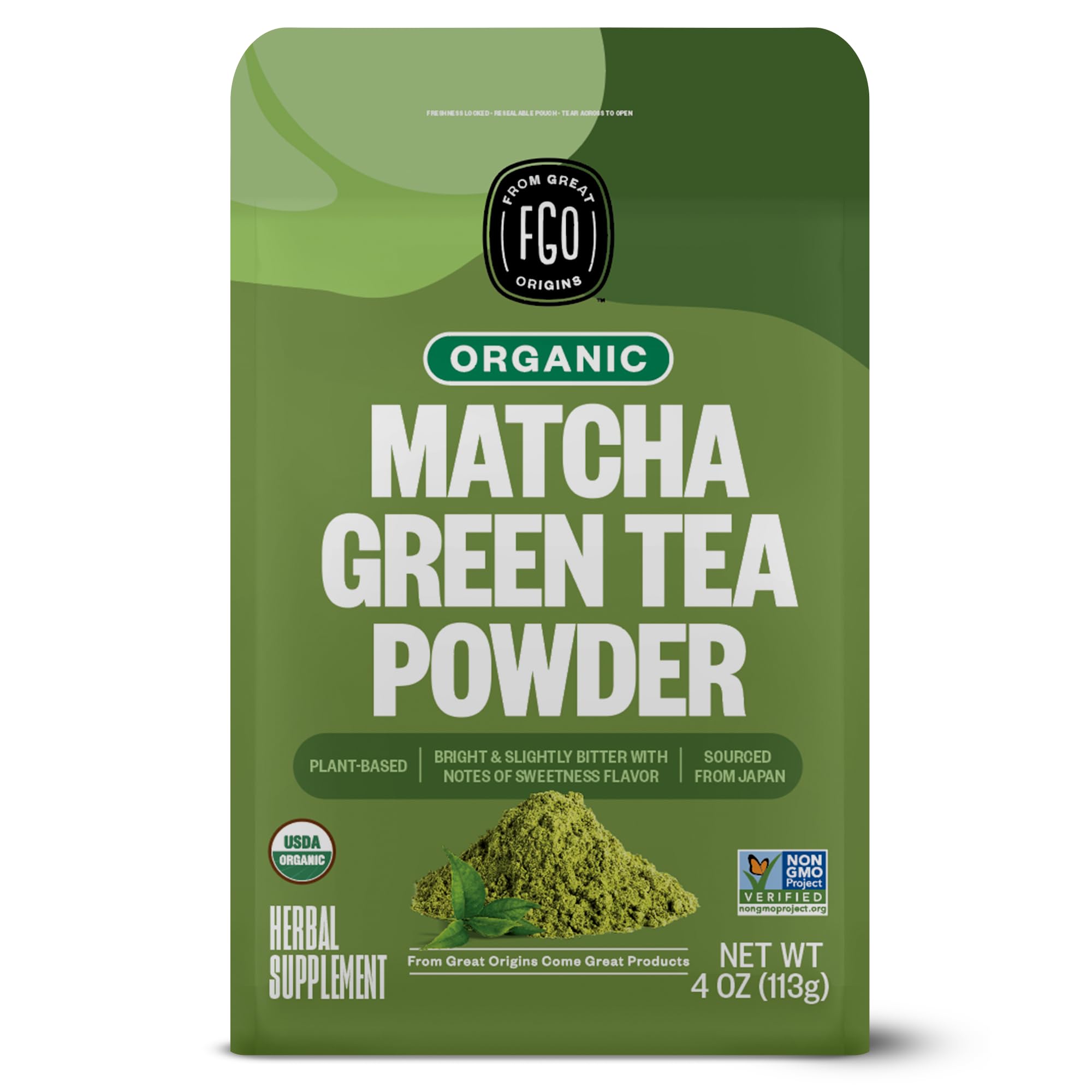 FGO Organic matcha powder bag shows premium culinary quality for recipes and beverages
